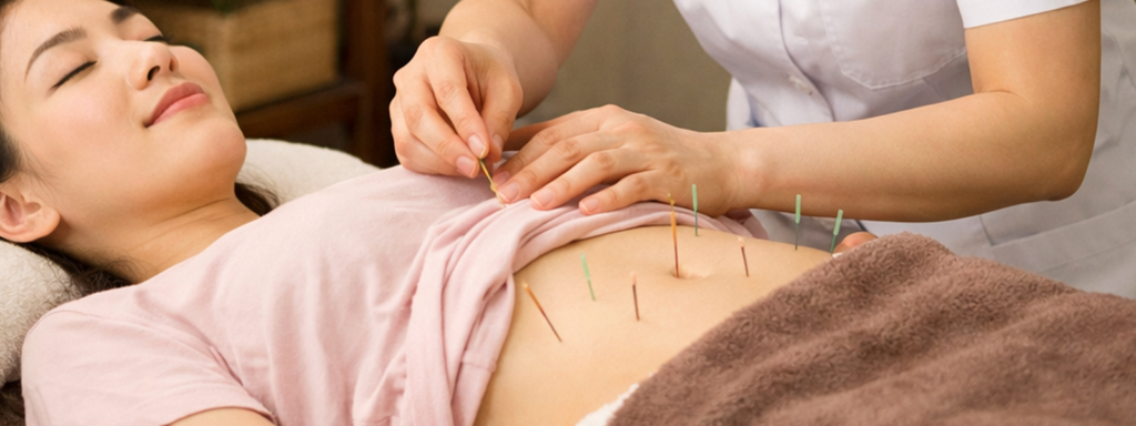 横になっている女性の腹部に妊活鍼灸を絵術している画像