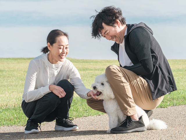 散歩中の愛犬を可愛がる若い夫婦